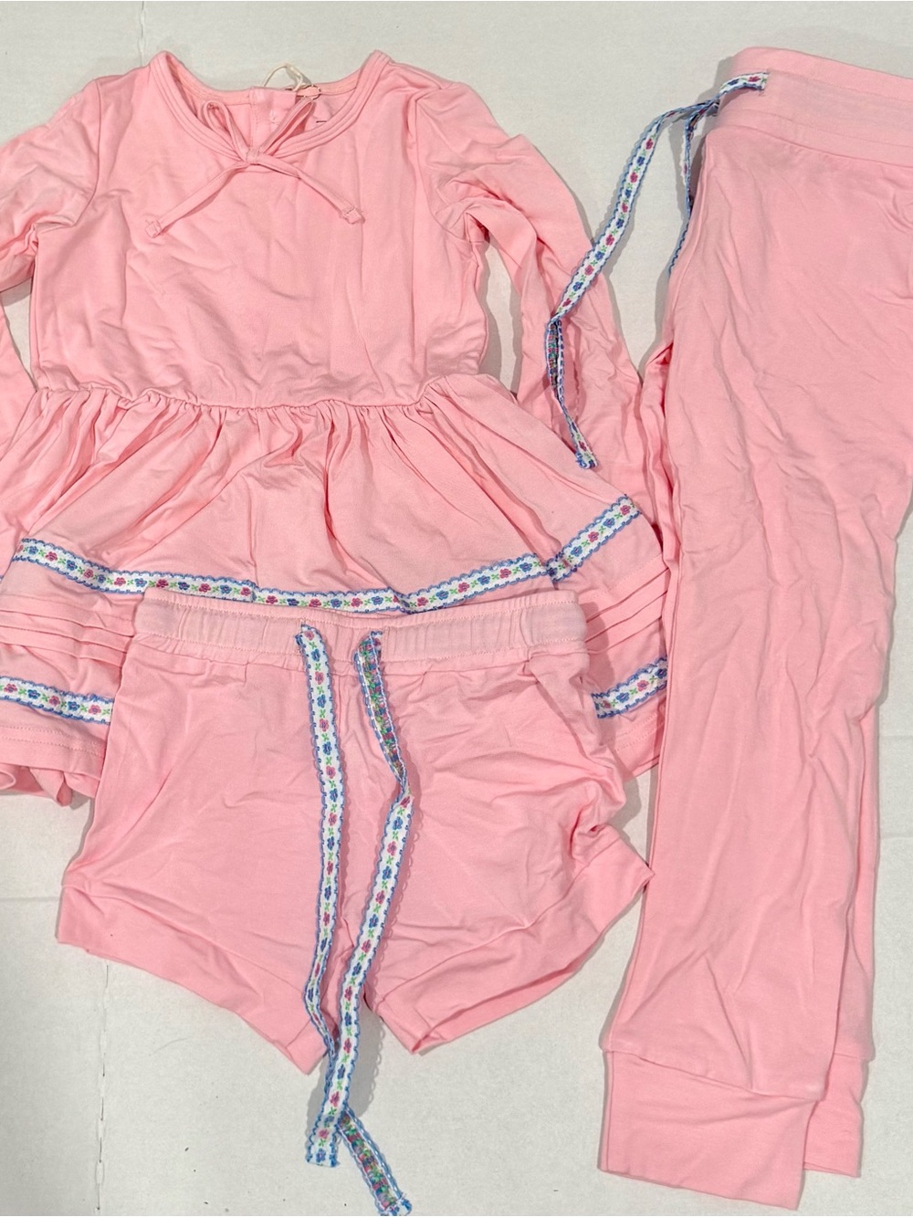 Girls' Pink 3-Piece Pajama Set with Decorative Trim